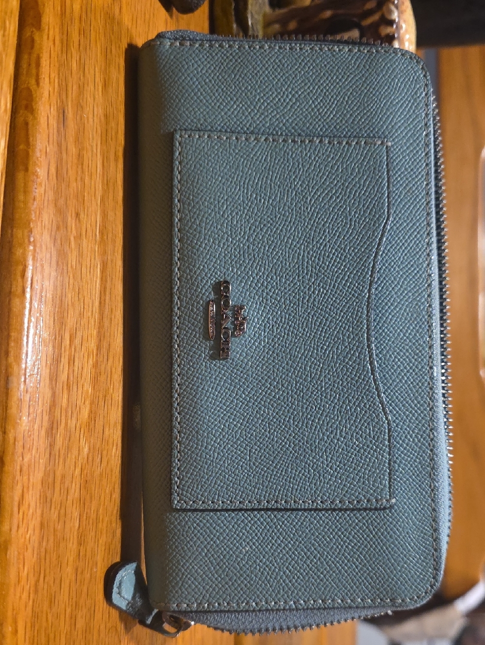 Coach Pebbled Zip-Around Wallet in Teal Blue